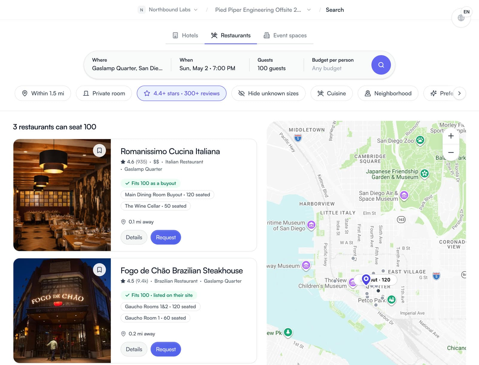 Restaurant search in San Diego's Gaslamp Quarter, with restaurants that seat 100 listed next to a map.